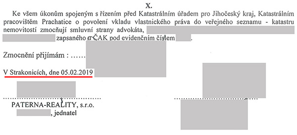 Závěr kupní smlouvy uzavřené 5.2.2019, kdy realitní kancelář PATERNA - REALITY, s.r.o. prodává rekreační středisko na Kvildě obchodní společnosti Zotavovna s.r.o.