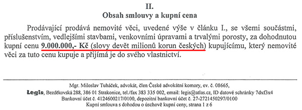Kupní smlouva, kdy Teplárna Strakonice, a.s. prodává rekreační středisko na Kvildě realitní kanceláři PATERNA - REALITY, s.r.o. za cenu 9 000 000 Kč. Ve smlouvě není uvedeno, zda cena již obsahuje 21 % DPH nebo ne. Uvedené navozuje dojem, že se právník Tuháček snažil opticky zvýšit cenu nemovitosti, která takto navenek vypadala pro veřejnost lépe než cena 7 438 017 Kč bez DPH, kterou teplárna ve skutečnosti za prodej chaty na Kvildě obdržela. Ze zákona o cenách č. 526/1990 Sb. ale vyplývá, že není-li dohodnuto smluvními stranami něco jiného, je součástí kupní ceny mj. i příslušná daň a clo. To znamená, že teplárna musí ještě státu z částky 9 mil. Kč odvést 21 %, což zaokrouhleně činí 1 561 983 Kč. Právník Tuháček si zřejmě myslel, že vedení teplárny bude prezentovat celých 9 mil. Kč jako zisk za prodej chaty a že se těžko někdo bude ptát, zda cena je s DPH nebo bez DPH. Jak se ovšem dočteme ke konci našeho článku, zisk za prodej chaty uvedený v tomto odstavci není konečný – ve skutečnosti je ještě nižší. Na fotu č. 7_1 je i vidět, že kupní smlouva byla napsána na hlavičkovém papíru advokáta Tuháčka.