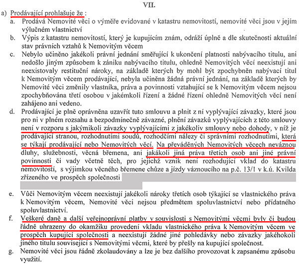Kupní smlouva, kdy realitní kancelář PATERNA - REALITY, s.r.o. prodává rekreační středisko na Kvildě obchodní společnosti Zotavovna s.r.o. Nabývající realitní kancelář prodává majetek již 5.2.2019 dalšímu majiteli a o předchozím závazku není ve smlouvě ani zmínka. Dokonce se v ní píše o tom, že „na převáděných Nemovitých věcech neváznou… jakákoliv jiná práva třetích osob ani jiné právní povinnosti.“ Podle získaných informací byl majetek na společnost Zotavovna s.r.o. fakticky přepsán již 5.3.2019. Jak tedy měly být objednávky dodrženy, když k tomu již neexistovalo žádné smluvní ujednání? Navíc již ze změny vlastníka teplárny na realitní kancelář měla být nemovitost vyklizena. Vše nasvědčuje tomu, že nakonec smluvní povinnosti vůči rekreantům dodrženy byly, protože všechny převody se udály pravděpodobně mezi známými osobami. Anebo že by realitní kancelář přesvědčila rekreanty, aby „dobrovolně“ své pobyty na horách zrušili?