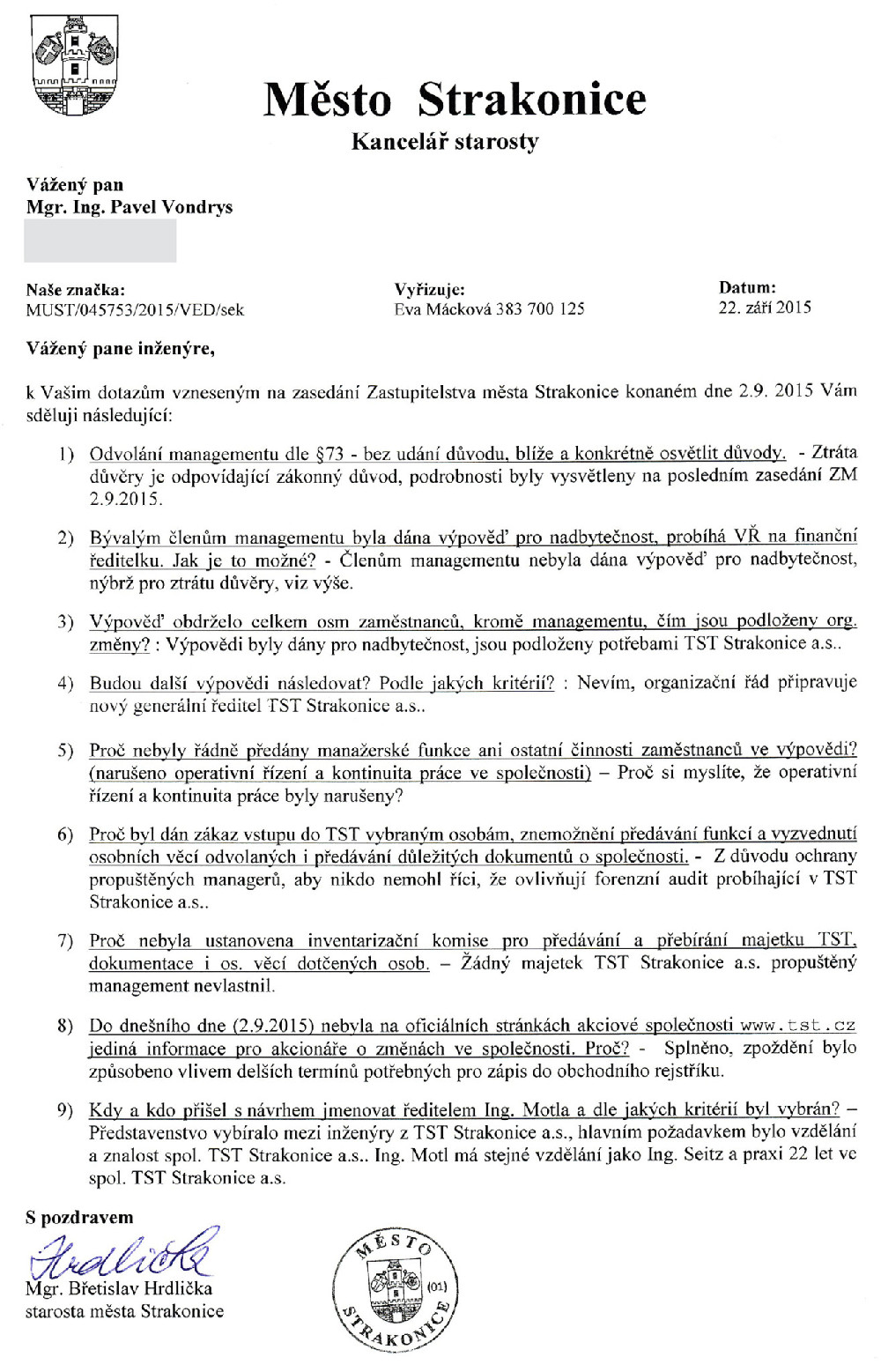 Dopis od města Strakonice, starosty Břetislava Hrdličky z 22.9.2015 Pavlu Vondrysovi