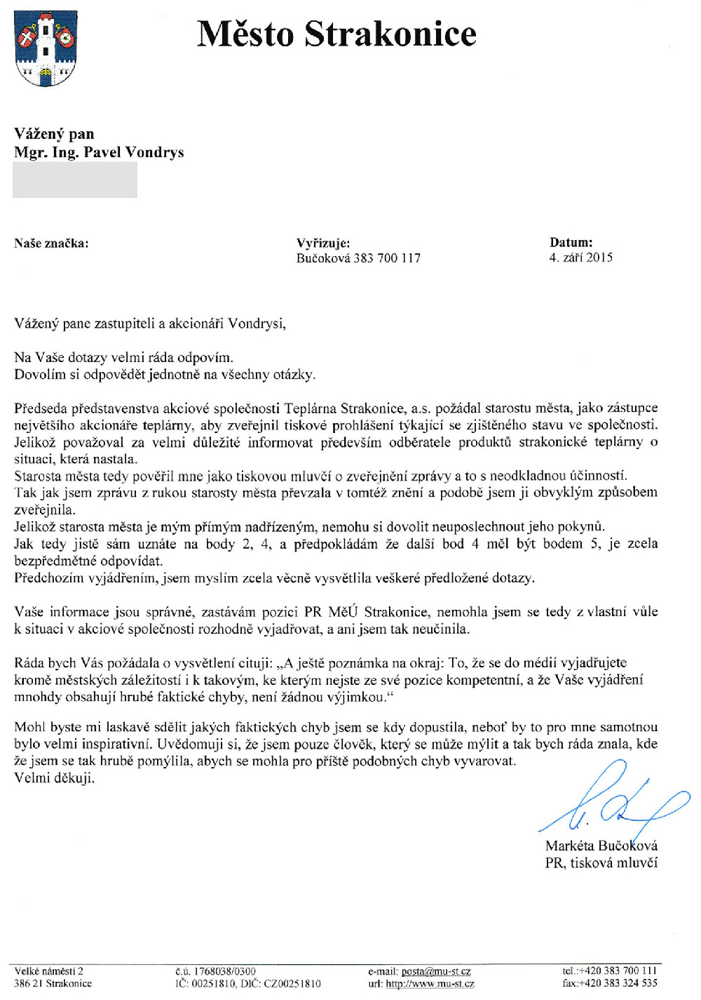 Dopis od města Strakonice, tiskové mluvčí Markéty Bučokové ze 4.9.2015 Pavlu Vondrysovi