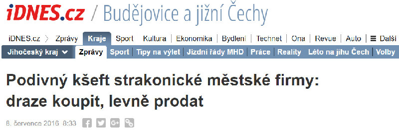Elektronická verze článku o „kauze“ tzv. akcií firmy RENTERA, a.s. na webu idnes.cz ze dne 8.7.2016