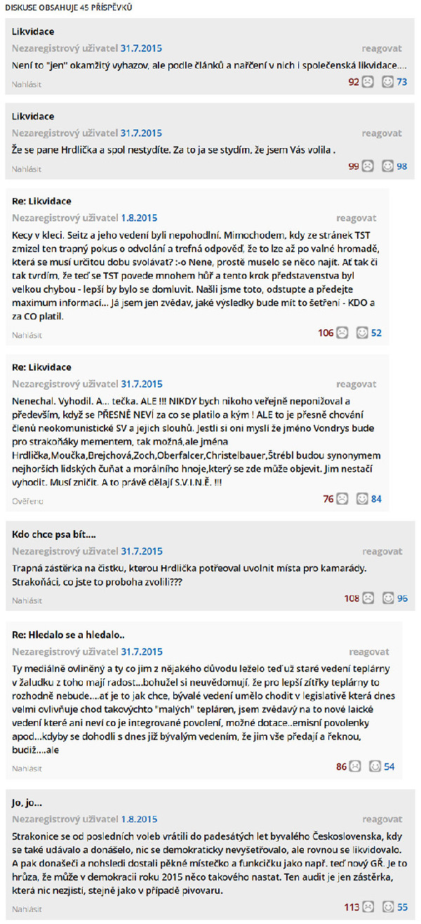 Příklad diskuzních příspěvků z webu strakonicky.denik.cz, 31.7.2015. Najdeme tam samozřejmě i ty s opačným názorem. Ovšem podobným, jako jsou zde uvedené, těm dal za pravdu čas.