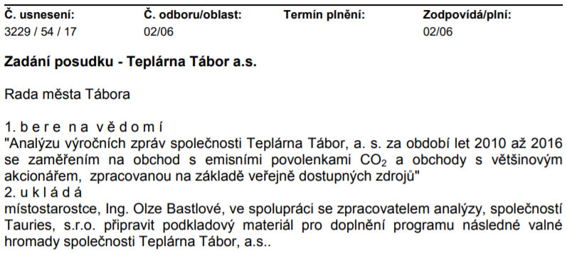 Zápis z 54. schůze Rady města Tábora konané 21.8.2017 – Eignerova a Tuháčkova firma Tauries, s.r.o. má kšeft