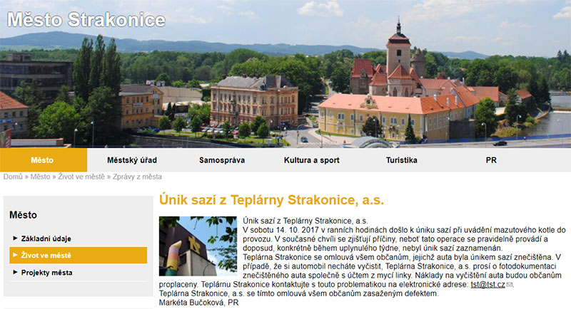 Při úniku sazí ze strakonické teplárny informuje veřejnost zcela nesmyslně pouze tisková mluvčí radnice Markéta Bučoková a teplárna dělala, že se nic nestalo a mlčela – v tomto případě na webu města