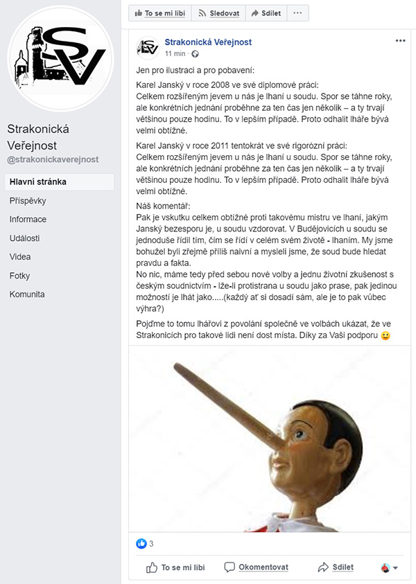 Článek z facebooku Strakonické Veřejnosti uveřejněný dne 14.8.2019