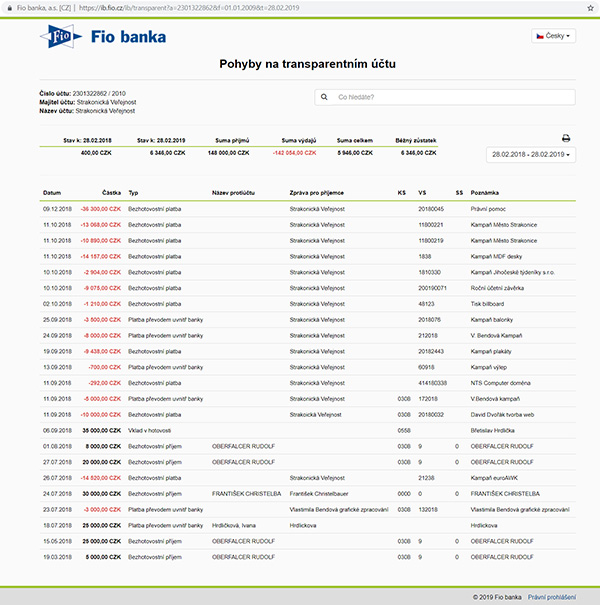 Transparentní účet Strakonické Veřejnosti používaný před komunálními volbami v říjnu 2018 neobsahuje prokazatelně využívanou reklamu na pozemcích podnikatele Radima Žahoura ani na pozemcích jeho firem. Nikde není v transparentním účtu uveden ani tisk obrovského množství letáků a plakátů, které Strakonická Veřejnost použila ve své předvolební kampani. Uvedené navozuje důvodné podezření, že letáky, plakáty a reklamní plachty byly tištěny a vyráběny v Městském kulturním středisku za jeho peníze (ředitelem je František Christelbauer ze Strakonické Veřejnosti). Podezřelá je i malá částka 1 210 Kč za tisk billboardů, když jimi byly doslova zaplaveny celé Strakonice a přilehlé osady. Za jaké peníze se tedy tiskly?