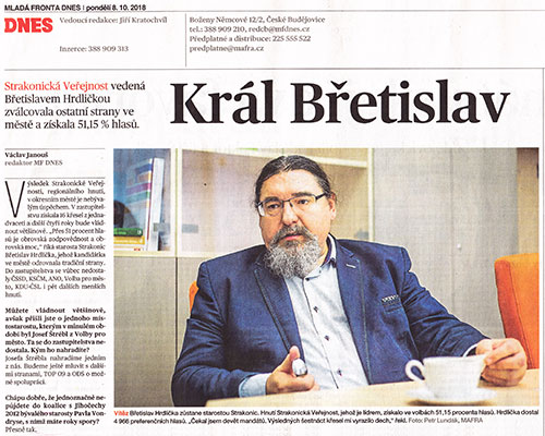Neprofesionální rozhovor reportéra MF DNES Václava Janouše se strakonickým starostou a jeho přítelem Břetislavem Hrdličkou uveřejněný v MF DNES dne 8.10.2018
