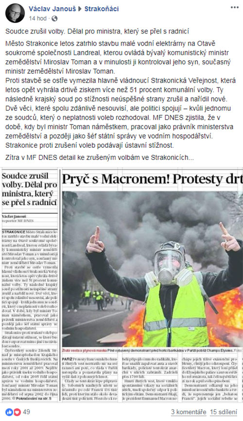 Reportér Václav Janouš nejenom že své spekulace o propojení soudce Zdeňka Strnada s malou vodní elektrárnou zveřejnil v tištěné MF DNES, odkaz na vydání uveřejnil i na strakonickém facebooku Strakoňáci