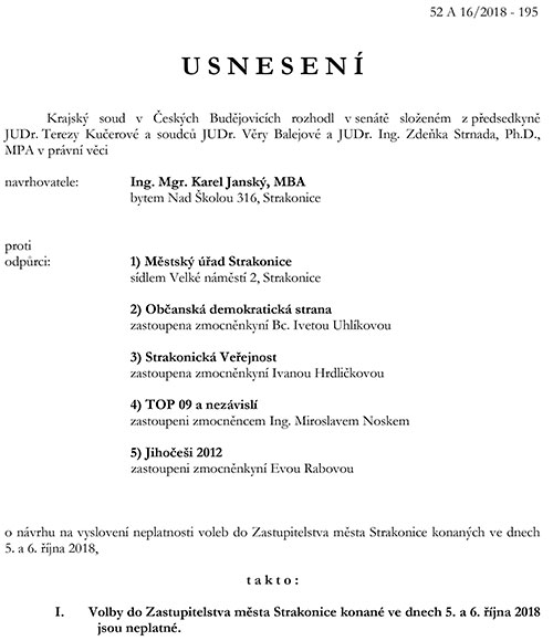 Usnesení Krajského soudu v Českých Budějovicích z 20.11.2018, na základě kterého došlo ke zrušení voleb ve Strakonicích. Na jeho vydání se podílely i soudkyně JUDr. Tereza Kučerová a JUDr. Věra Balejová, které zhruba o 3/4 roku dříve znemožnily ve Strakonicích stavět u hradu malou vodní elektrárnu.