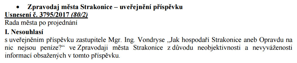 Zastupiteli Pavlu Vondrysovi bylo zakázáno zveřejnit článek ve Zpravodaji města
