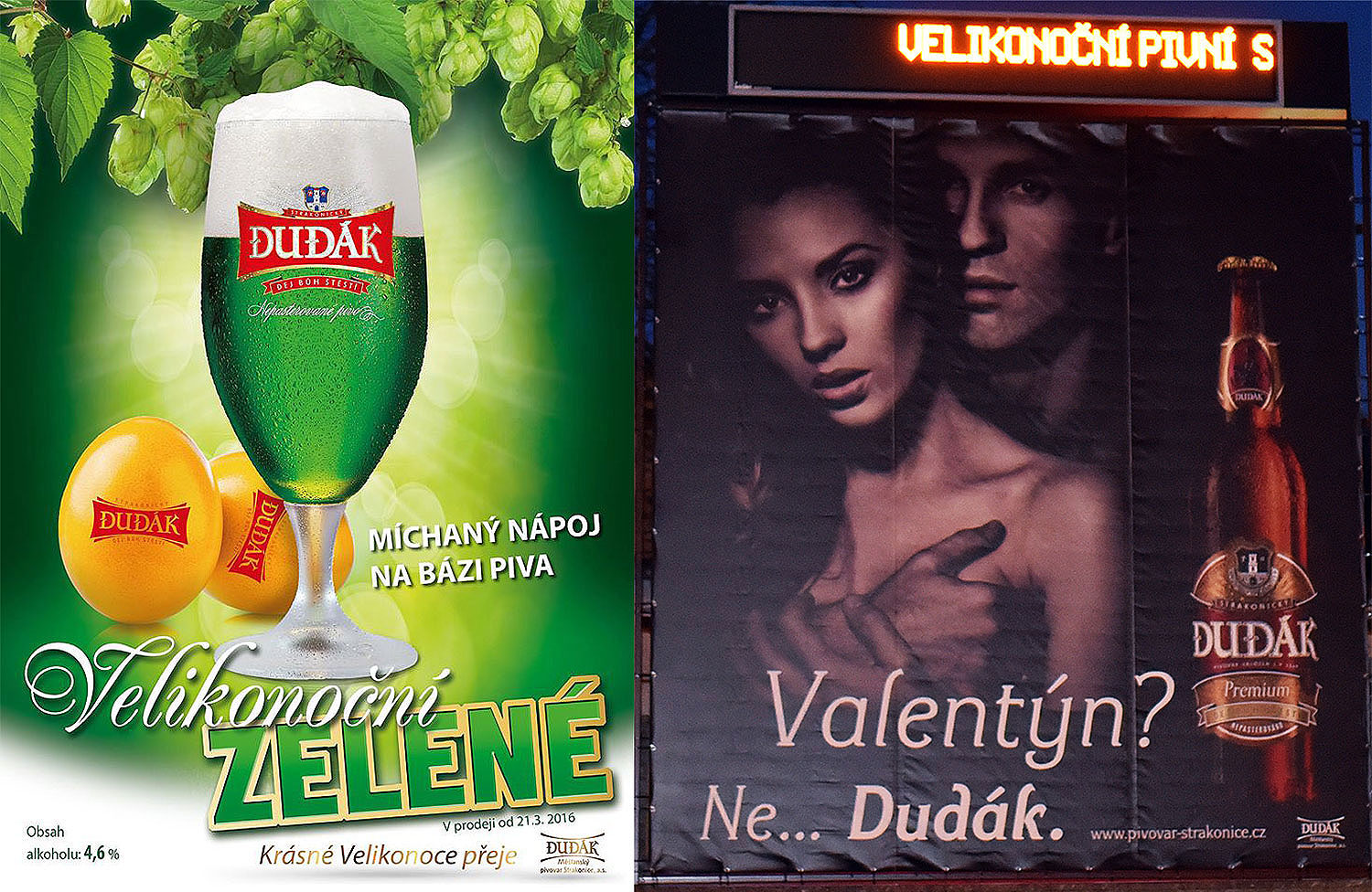 Reklamní leták na strakonický „míchaný nápoj na bázi piva“ a reklamní plocha inzerující velikonoční nápoj se zastaralou reklamou na Valentýna
