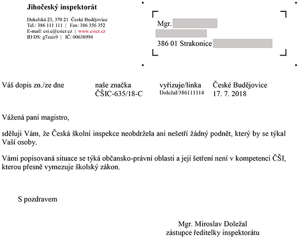 Dopis České školní inspekce jako důkaz Hlavenkovy podlosti a zákeřnosti