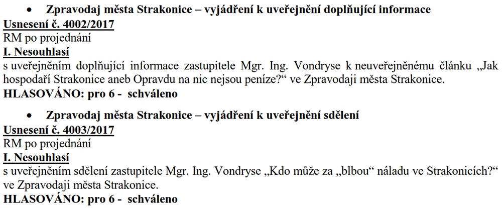 Usnesení rady města z 83. jednání konaného 27.9.2017 – rada města protiprávně projednávala příspěvky opozičního zastupitele do Zpravodaje města a protiprávně nesouhlasila s jejich uveřejněním